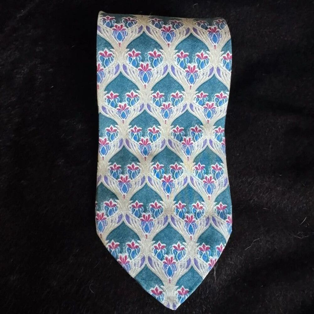 Christian Dior Monsieur Silk Floral Geometric Teal Tan Burgundy Made In USA